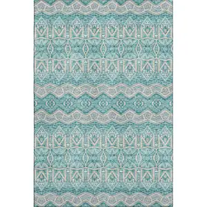 Photo of Teal Beige And Ivory Moroccan Washable Area Rug With UV Protection