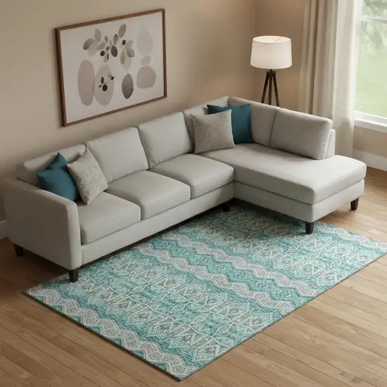 Teal Beige And Ivory Moroccan Washable Area Rug With UV Protection Photo 1