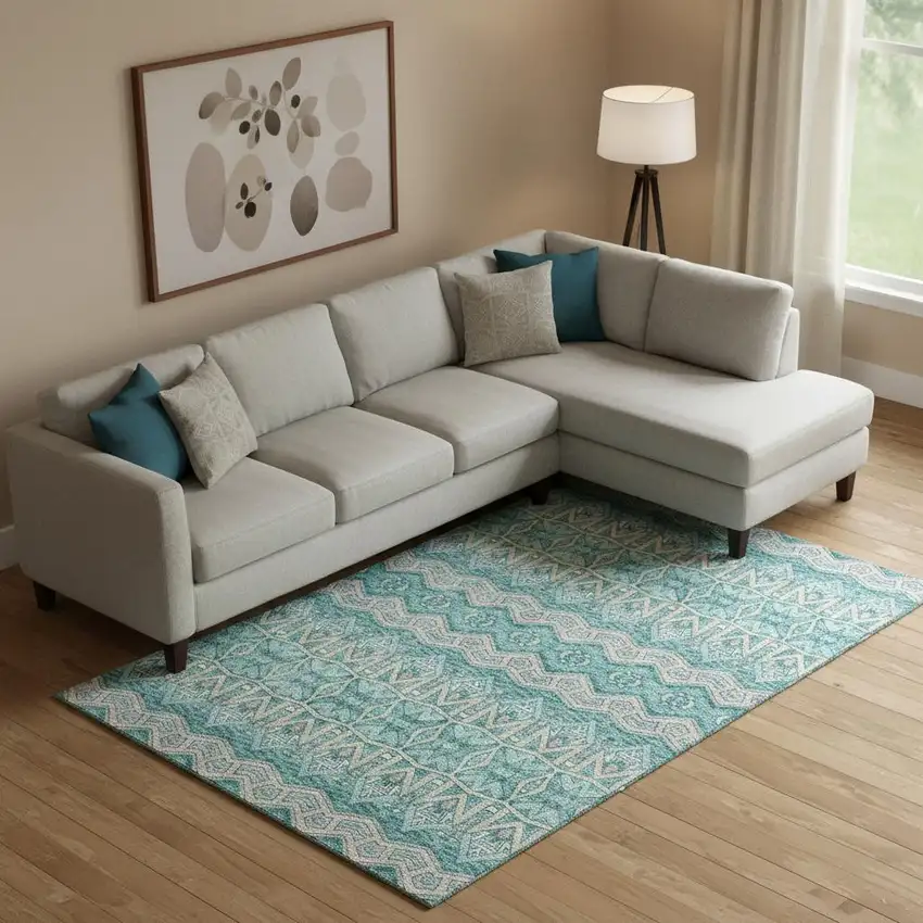 Teal Beige And Ivory Moroccan Washable Area Rug With UV Protection Photo 1