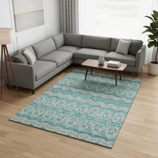 Teal Beige And Ivory Moroccan Washable Area Rug With UV Protection Photo 2
