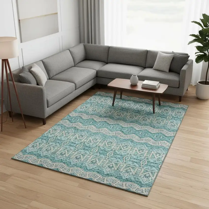 Teal Beige And Ivory Moroccan Washable Area Rug With UV Protection Photo 2