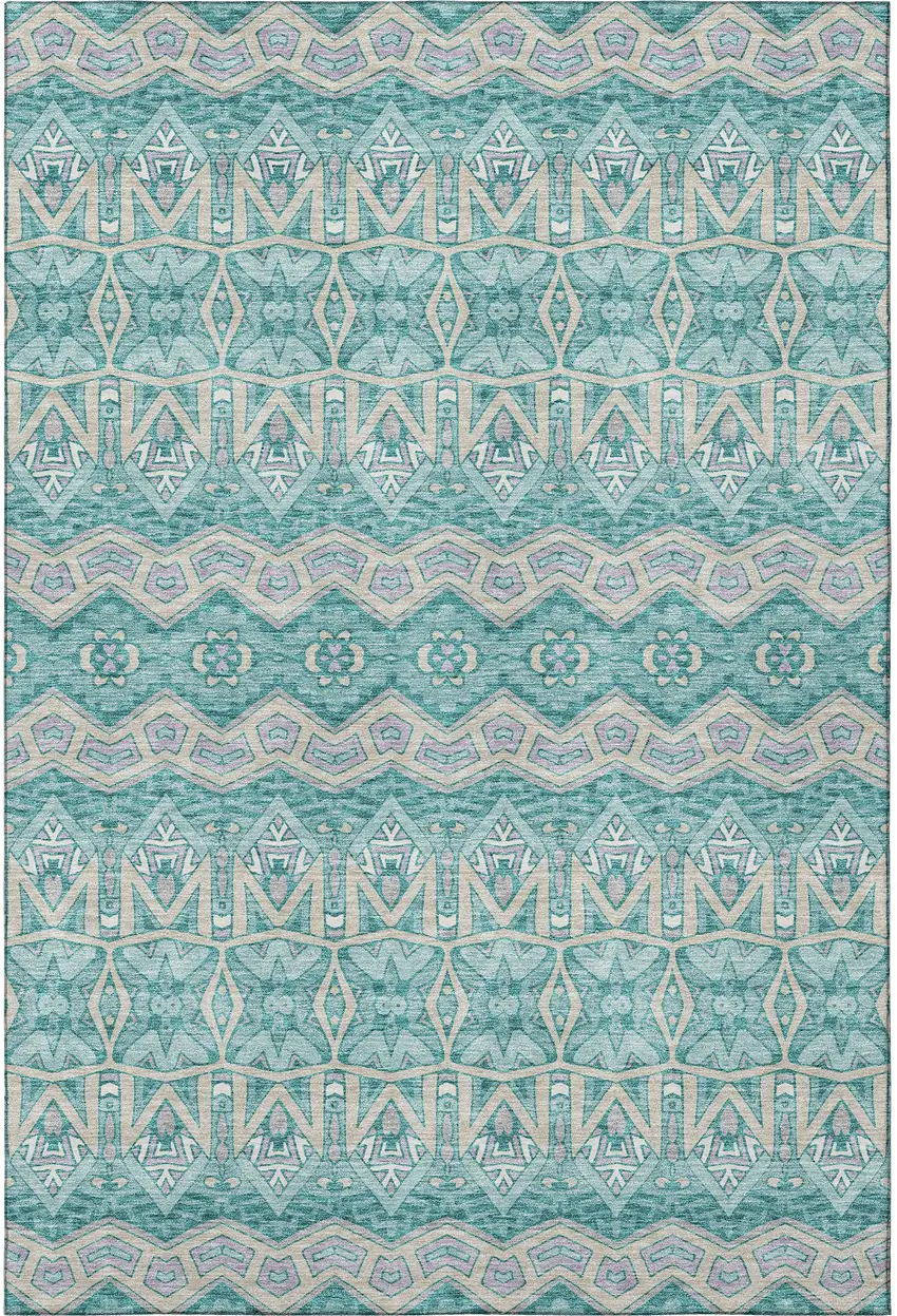 Teal Beige And Ivory Moroccan Washable Area Rug With UV Protection Photo 4