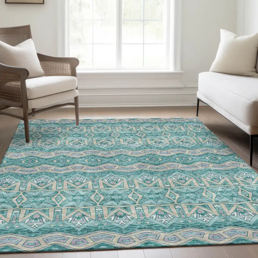 Teal Beige And Ivory Moroccan Washable Area Rug With UV Protection Photo 6