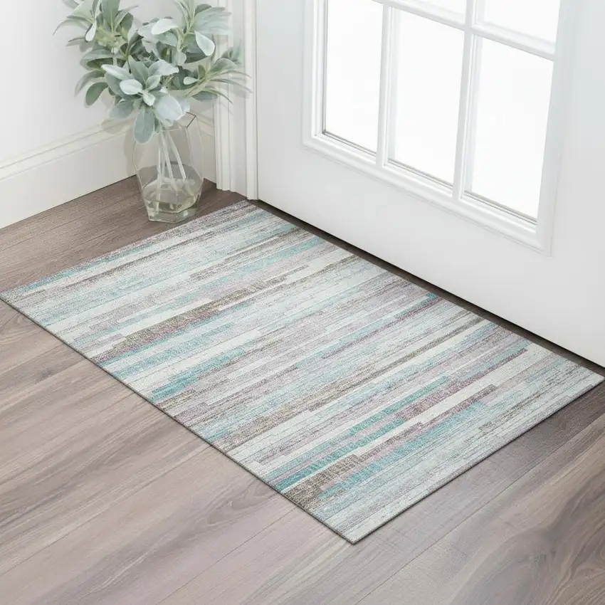 Teal Beige And Ivory Striped Washable Area Rug With UV Protection Photo 2
