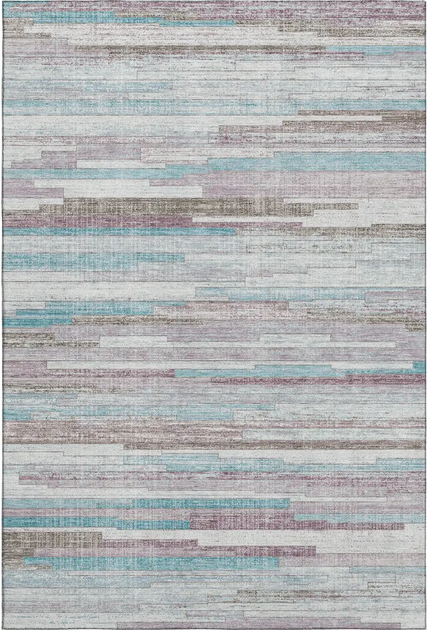Teal Beige And Ivory Striped Washable Area Rug With UV Protection Photo 1