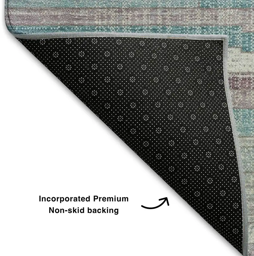 Teal Beige And Ivory Striped Washable Area Rug With UV Protection Photo 7