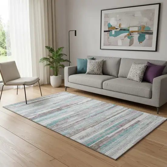 Teal Beige And Ivory Striped Washable Area Rug With UV Protection Photo 2