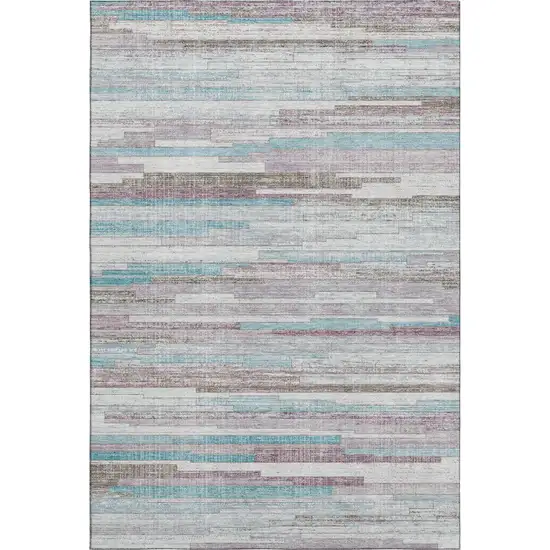 Teal Beige And Ivory Striped Washable Area Rug With UV Protection Photo 1