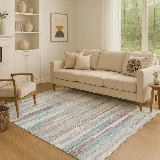 Teal Beige And Ivory Striped Washable Area Rug With UV Protection Photo 4