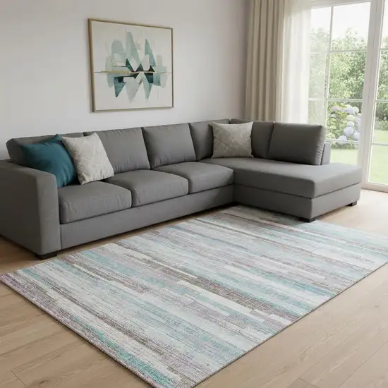 Teal Beige And Ivory Striped Washable Area Rug With UV Protection Photo 2
