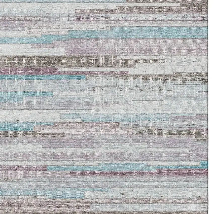 Teal Beige And Ivory Striped Washable Area Rug With UV Protection Photo 3