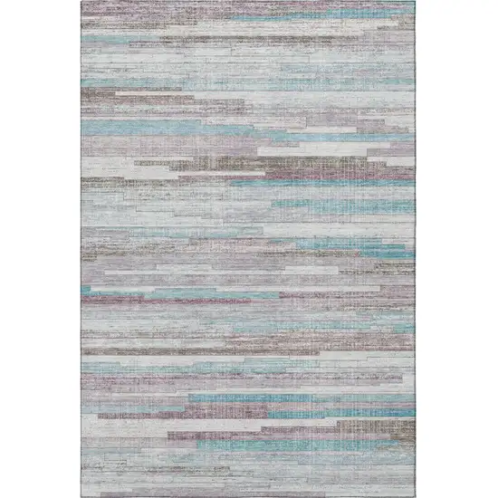 Teal Beige And Ivory Striped Washable Area Rug With UV Protection Photo 4