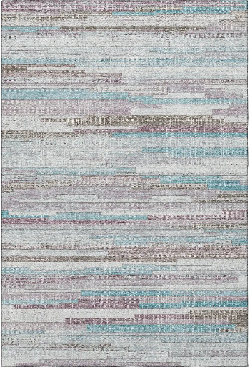 Teal Beige And Ivory Striped Washable Area Rug With UV Protection Photo 4