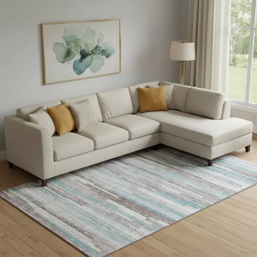 Teal Beige And Ivory Striped Washable Area Rug With UV Protection Photo 2