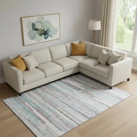Teal Beige And Ivory Striped Washable Area Rug With UV Protection Photo 2
