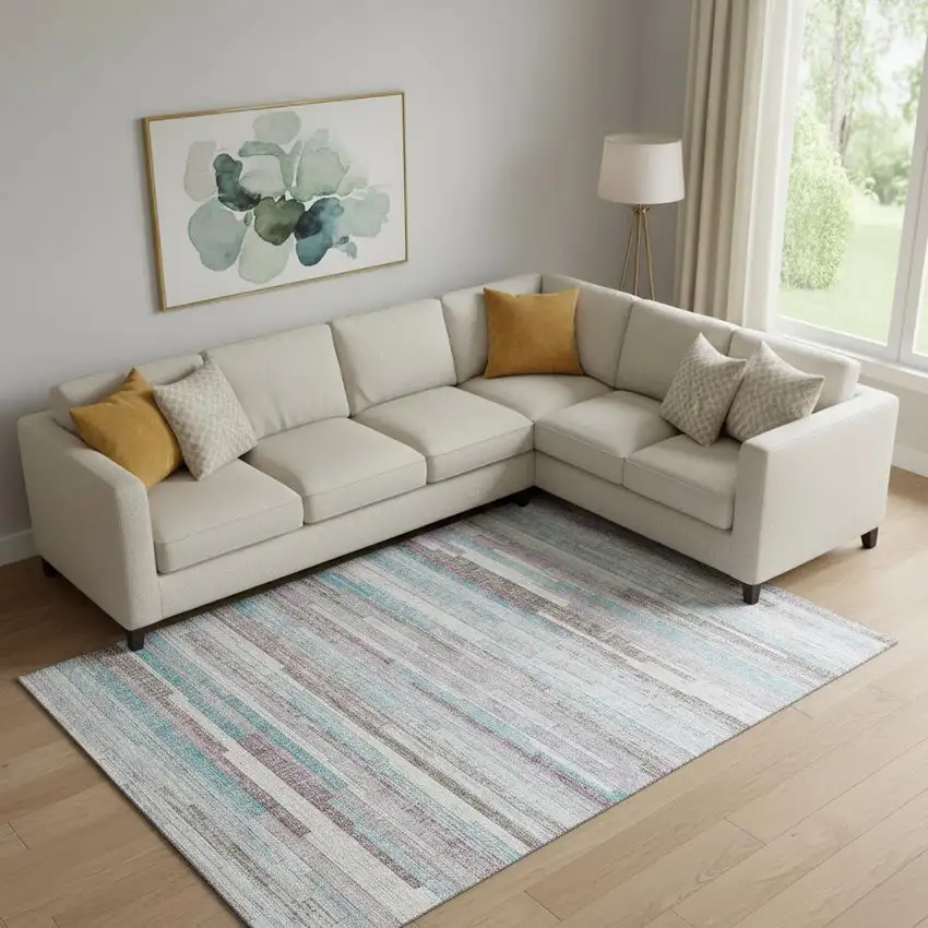 Teal Beige And Ivory Striped Washable Area Rug With UV Protection Photo 2