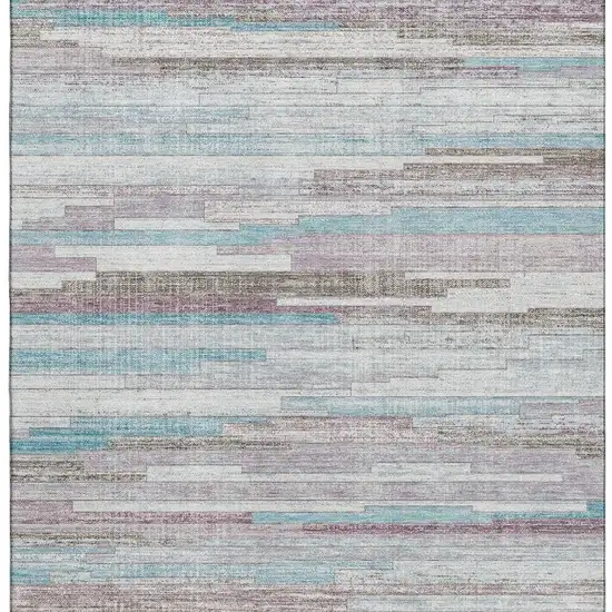 Teal Beige And Ivory Striped Washable Area Rug With UV Protection Photo 4