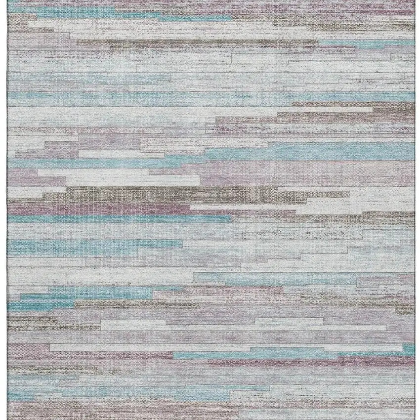 Teal Beige And Ivory Striped Washable Area Rug With UV Protection Photo 4