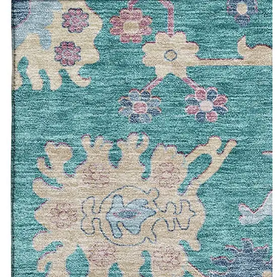 Teal Beige And Pink Floral Washable Area Rug With UV Protection Photo 5