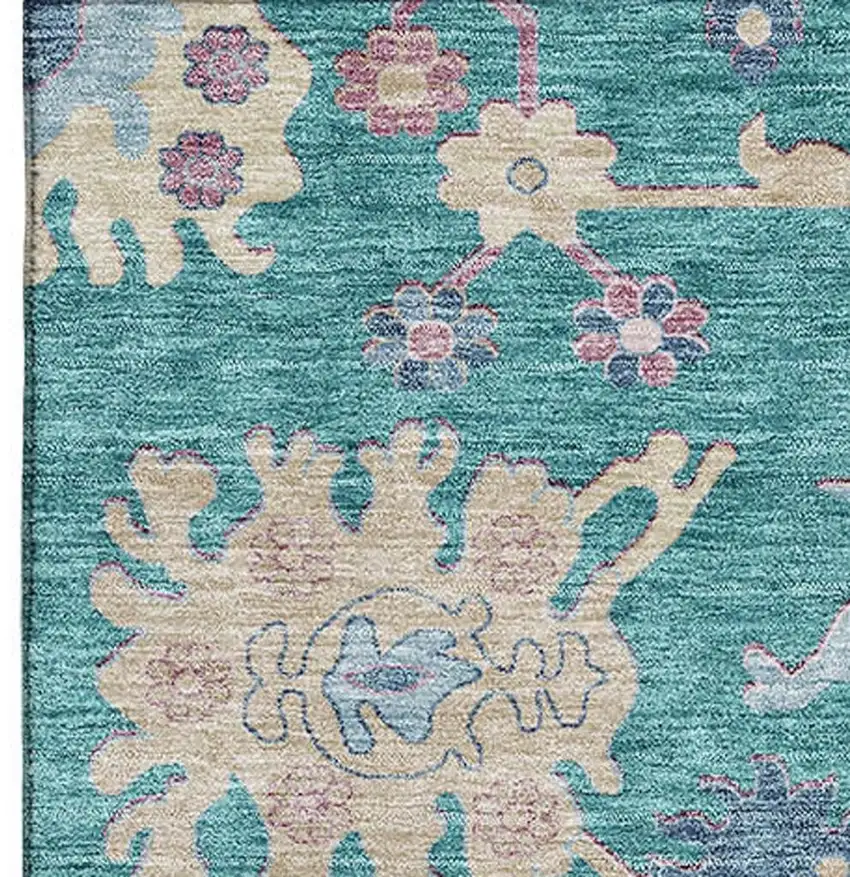 Teal Beige And Pink Floral Washable Area Rug With UV Protection Photo 5