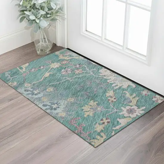 Teal Beige And Pink Floral Washable Area Rug With UV Protection Photo 2