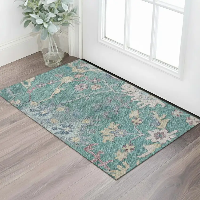 Teal Beige And Pink Floral Washable Area Rug With UV Protection Photo 2