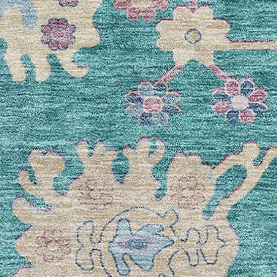 Teal Beige And Pink Floral Washable Area Rug With UV Protection Photo 4