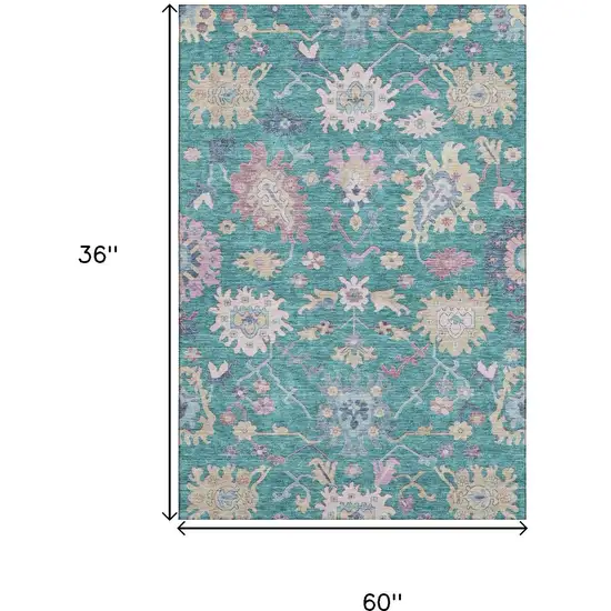 Teal Beige And Pink Floral Washable Area Rug With UV Protection Photo 3