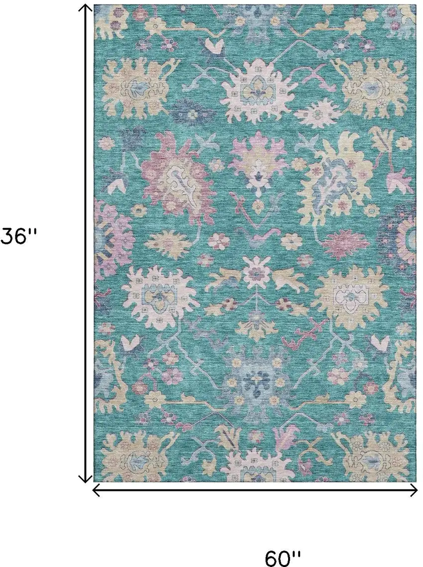 Teal Beige And Pink Floral Washable Area Rug With UV Protection Photo 3