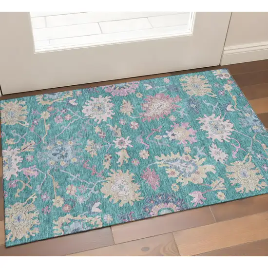 Teal Beige And Pink Floral Washable Area Rug With UV Protection Photo 1