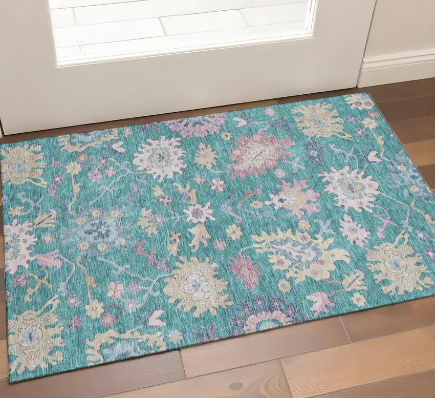 Teal Beige And Pink Floral Washable Area Rug With UV Protection Photo 1