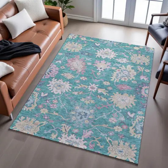 Teal Beige And Pink Floral Washable Area Rug With UV Protection Photo 4