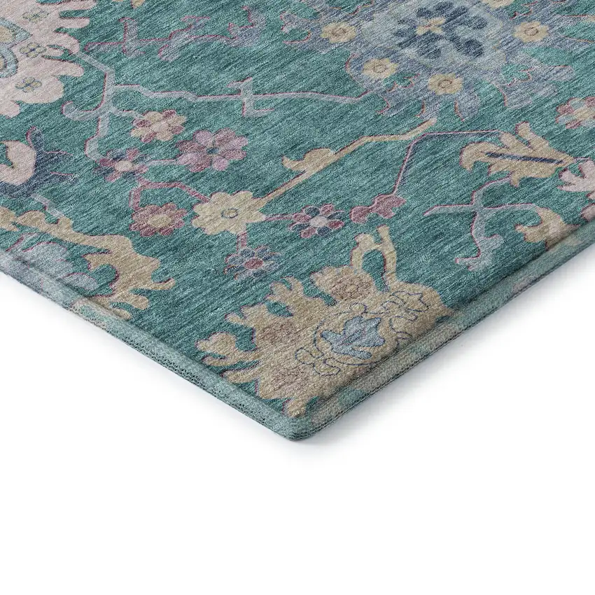 Teal Beige And Pink Floral Washable Area Rug With UV Protection Photo 7