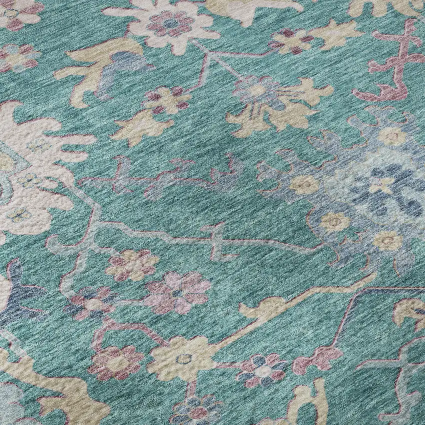 Teal Beige And Pink Floral Washable Area Rug With UV Protection Photo 1