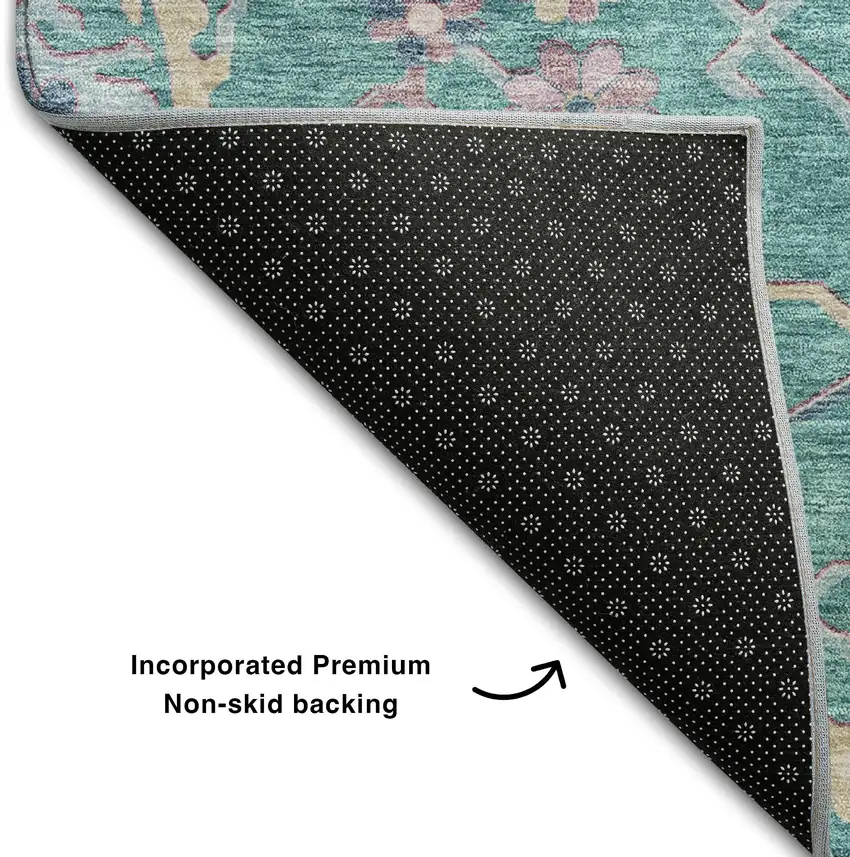 Teal Beige And Pink Floral Washable Area Rug With UV Protection Photo 6