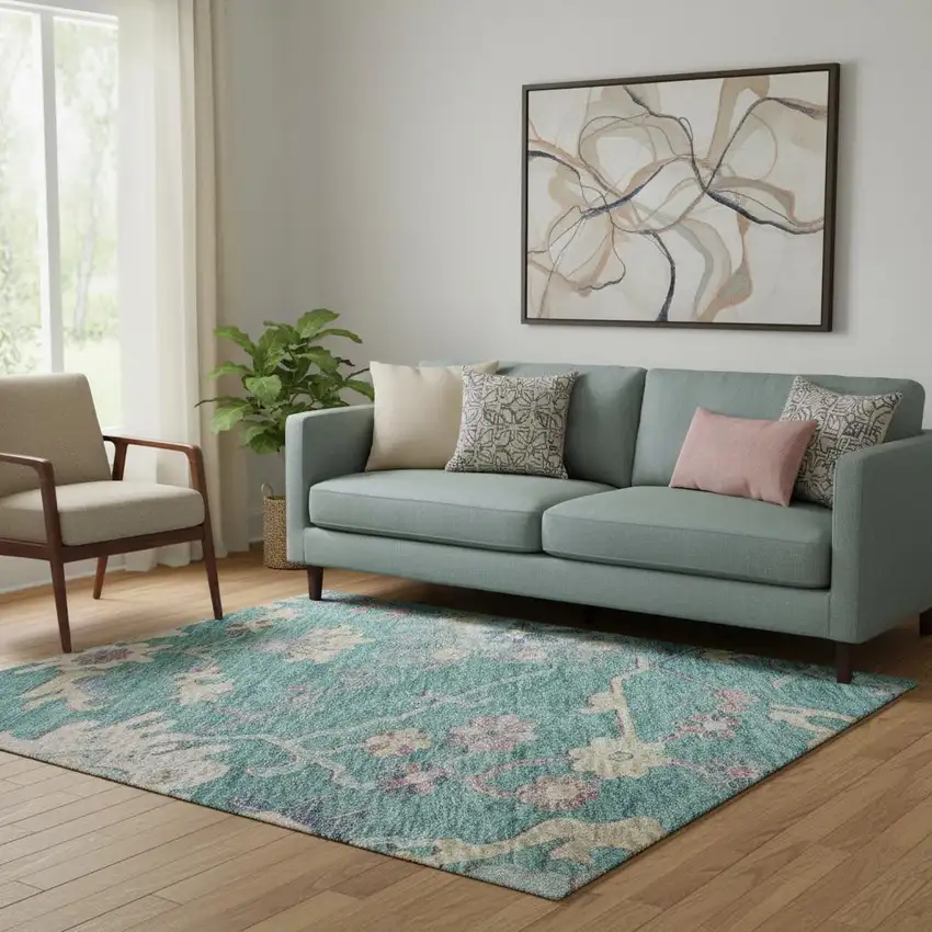 Teal Beige And Pink Floral Washable Area Rug With UV Protection Photo 2