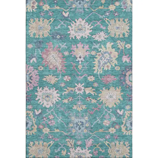Teal Beige And Pink Floral Washable Area Rug With UV Protection Photo 5