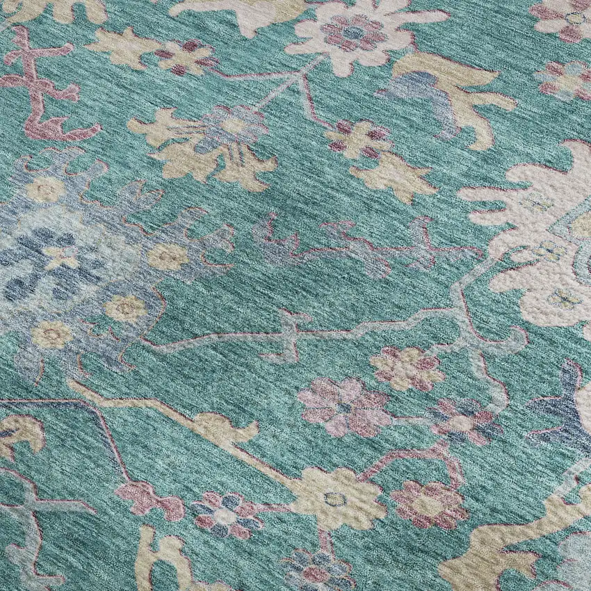Teal Beige And Pink Floral Washable Area Rug With UV Protection Photo 2