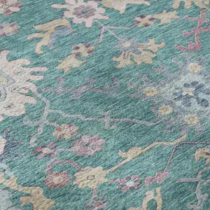 Photo of Teal Beige And Pink Floral Washable Area Rug With UV Protection