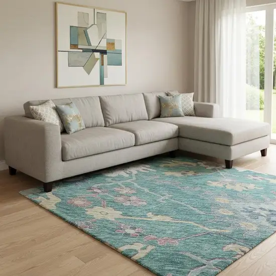 Teal Beige And Pink Floral Washable Area Rug With UV Protection Photo 2