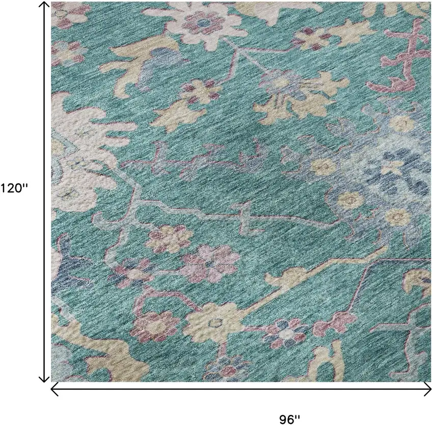 Teal Beige And Pink Floral Washable Area Rug With UV Protection Photo 9