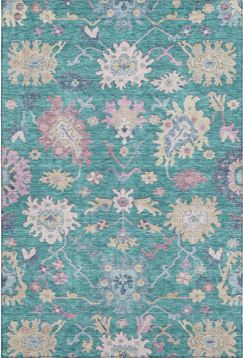 Teal Beige And Pink Floral Washable Area Rug With UV Protection Photo 4