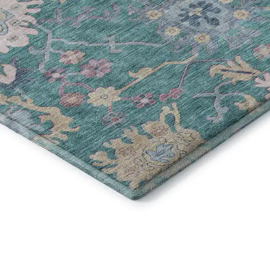 Teal Beige And Pink Floral Washable Area Rug With UV Protection Photo 6