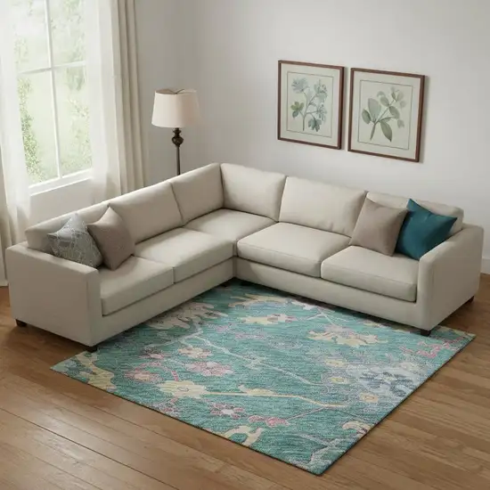 Teal Beige And Pink Floral Washable Area Rug With UV Protection Photo 2