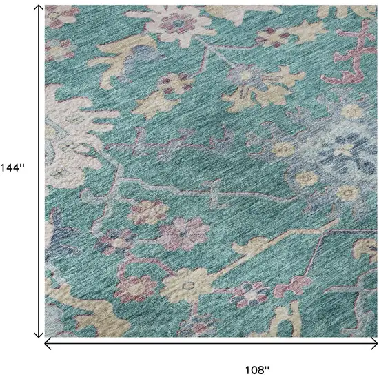 Teal Beige And Pink Floral Washable Area Rug With UV Protection Photo 8