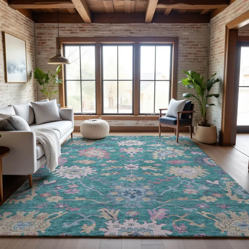 Teal Beige And Pink Floral Washable Area Rug With UV Protection Photo 2