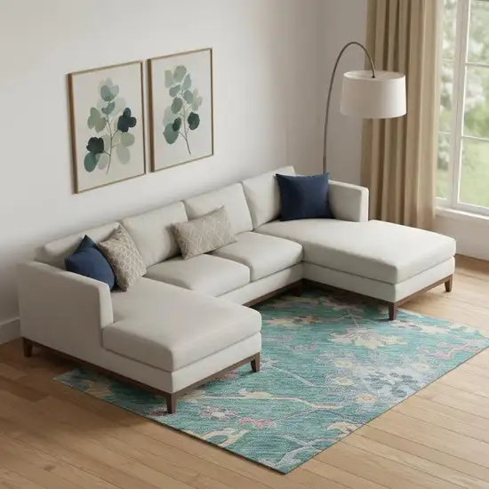 Teal Beige And Pink Floral Washable Area Rug With UV Protection Photo 2