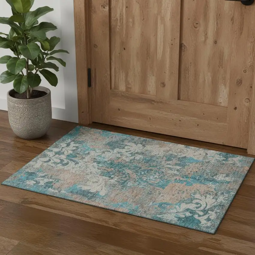 Teal Beige And Taupe Damask Washable Area Rug With UV Protection Photo 1