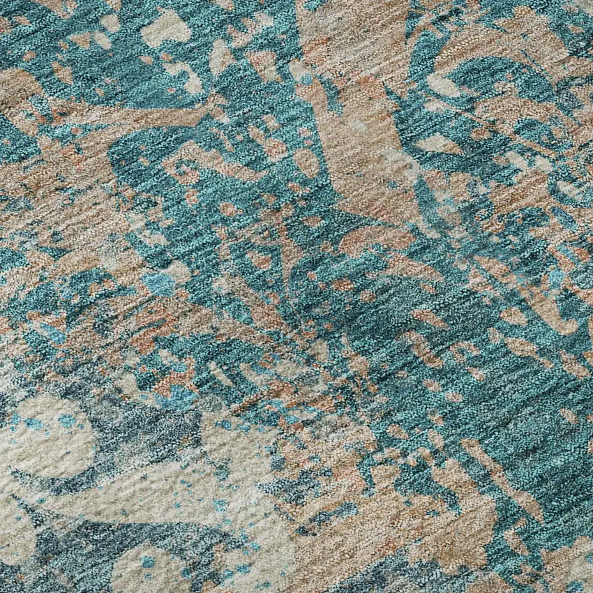 Teal Beige And Taupe Damask Washable Area Rug With UV Protection Photo 8