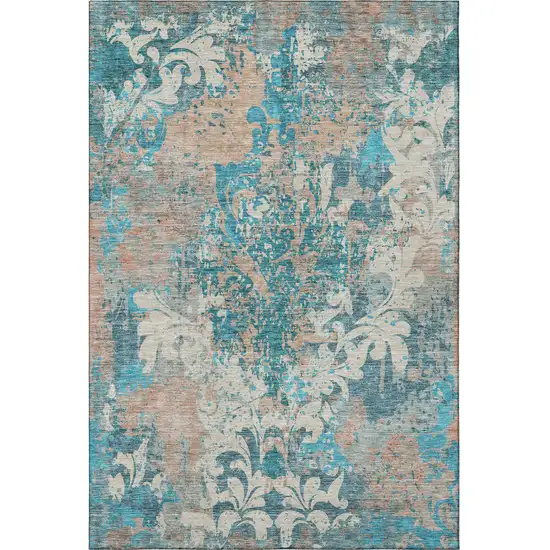 Teal Beige And Taupe Damask Washable Area Rug With UV Protection Photo 2